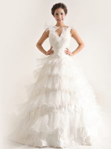 Sophisticated Sleeveless Chiffon With Brush Train Zipper Wedding Gown in White with Ruffled Layers