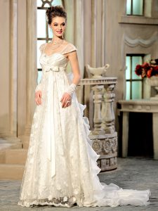 Decent White Organza Lace Up Wedding Gowns Cap Sleeves With Brush Train Beading and Appliques and Ruffles