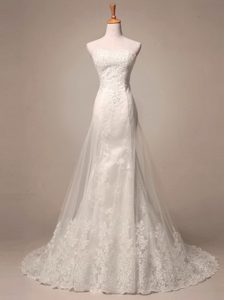 Sleeveless Tulle and Lace Court Train Lace Up Wedding Gowns in White with Lace and Appliques