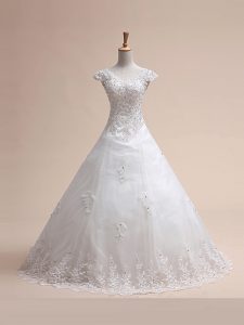 Most Popular White Tulle Lace Up V-neck Sleeveless With Train Wedding Gowns Court Train Beading and Appliques and Bowkno