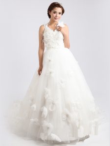 High Quality Scoop White Sleeveless Tulle Sweep Train Zipper Wedding Dress for Wedding Party