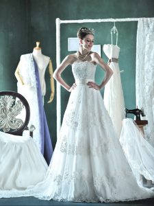 Perfect Sleeveless Mini Length Lace and Appliques Lace Up Wedding Dress with White Court Train