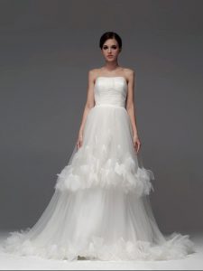 Graceful With Train White Bridal Gown Tulle Brush Train Sleeveless Ruffled Layers and Ruching