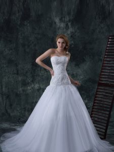 Hot Selling Strapless Sleeveless Court Train Lace Up Bridal Gown White Tulle