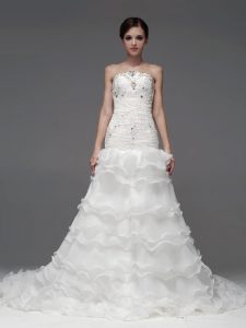 White A-line Beading and Ruffles and Ruffled Layers Wedding Gown Lace Up Organza Sleeveless