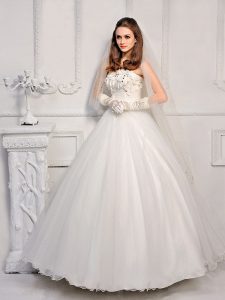 Ankle Length White Wedding Gown Satin and Organza Sleeveless Beading