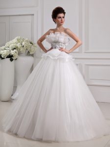 White A-line Tulle Strapless Sleeveless Beading Floor Length Zipper Wedding Dress