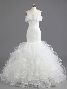 Fashionable Mermaid Sweetheart Sleeveless Bridal Gown With Brush Train Ruffles White Organza