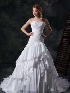 Smart Ruffled White Wedding Gown Sweetheart Sleeveless Brush Train Lace Up