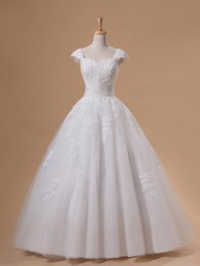High End Tulle Sweetheart Cap Sleeves Lace Up Lace and Appliques and Sequins Wedding Dresses in White