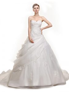 White Lace Up Sweetheart Beading and Appliques Wedding Gown Organza Sleeveless Brush Train