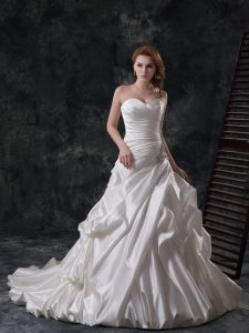 Sleeveless Beading and Appliques and Ruching and Pick Ups Lace Up Wedding Gown with White Court Train