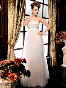 Fitting Lace and Belt Bridal Gown White Lace Up Sleeveless Floor Length