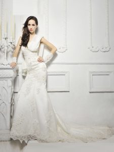 One Shoulder Cap Sleeves Tulle Wedding Gown Lace and Appliques Court Train Zipper