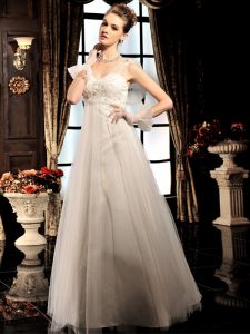 Sleeveless Tulle Floor Length Lace Up Wedding Dress in White with Beading