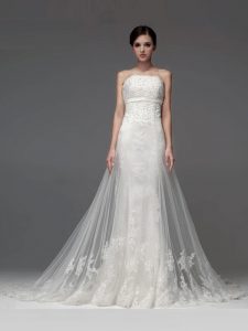 Custom Designed Strapless Sleeveless Bridal Gown With Brush Train Lace and Appliques White Tulle