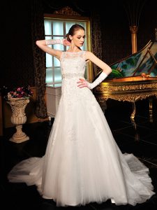 Scalloped Sleeveless Tulle and Lace Bridal Gown Lace Court Train Zipper