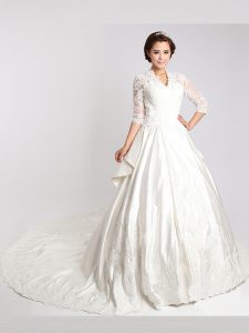 Popular Cathedral Train A-line Wedding Dress White V-neck Chiffon 3 4 Length Sleeve With Train Clasp Handle