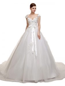 High Class With Train A-line Sleeveless White Wedding Gowns Chapel Train Lace Up