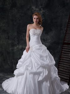 Extravagant Sleeveless Brush Train Beading and Pick Ups Zipper Wedding Dress