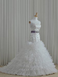 White Strapless Lace Up Beading and Ruffles and Belt Bridal Gown Sleeveless