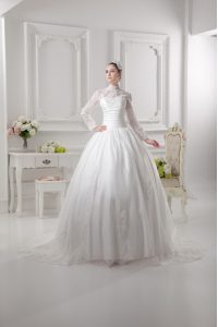 Trendy Lace Wedding Dresses White Zipper Long Sleeves Sweep Train