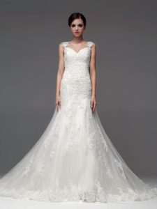 White Tulle Lace Up Straps Sleeveless With Train Wedding Gowns Brush Train Lace and Appliques