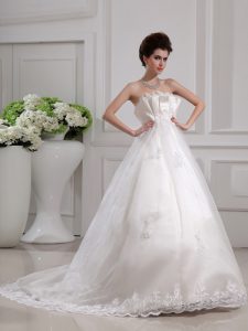 Enchanting White Wedding Dresses Wedding Party and For with Beading and Appliques Scalloped Sleeveless Brush Train Side 