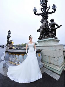 Custom Design White Short Sleeves Sweep Train Beading and Lace and Appliques With Train Wedding Gowns