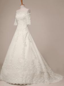 Fantastic Scalloped Half Sleeves Sweep Train Lace Zipper Wedding Dress