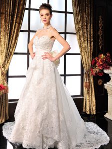 Shining White A-line Lace Sweetheart Sleeveless Beading and Lace and Bowknot Lace Up Wedding Dress Brush Train