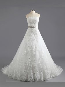 Exceptional White Sleeveless Lace Court Train Lace Up Bridal Gown for Wedding Party