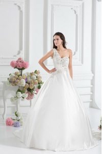 Satin One Shoulder Sleeveless Brush Train Lace Up Beading and Appliques and Hand Made Flower Wedding Gowns in White