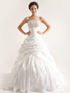 Sleeveless With Train Beading and Pick Ups Lace Up Wedding Gown with White Court Train