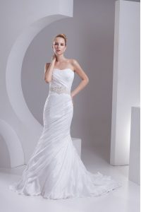 Fantastic Brush Train Mermaid Bridal Gown White Strapless Taffeta Sleeveless Lace Up