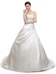 Strapless Sleeveless Satin Wedding Gown Ruching Court Train Lace Up