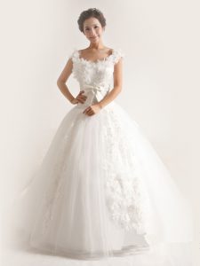 Charming Scoop Sleeveless Brush Train Lace and Appliques Lace Up Wedding Dress