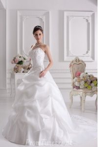 Glorious White Wedding Dress Satin Court Train Sleeveless Lace and Embroidery and Pick Ups