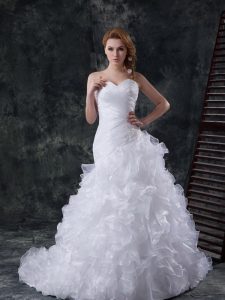 Popular Beading and Appliques and Ruffles Wedding Dresses White Lace Up Sleeveless With Brush Train