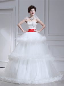 Modern Ruffled Strapless Sleeveless Brush Train Lace Up Bridal Gown White Tulle