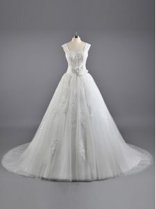 Tulle and Lace Sleeveless Wedding Dresses Court Train and Lace