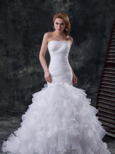 Suitable Mermaid White Bridal Gown Strapless Sleeveless Brush Train Lace Up