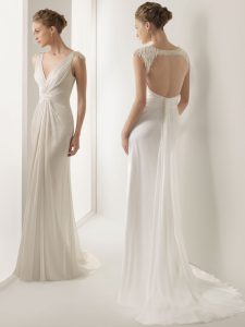 Affordable White V-neck Backless Ruching Wedding Dress Brush Train Sleeveless