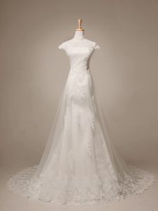 Discount High-neck Cap Sleeves Tulle Wedding Gowns Beading and Lace and Appliques Brush Train Clasp Handle