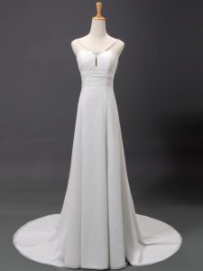 Chiffon V-neck Sleeveless Brush Train Lace Up Beading Wedding Dresses in White
