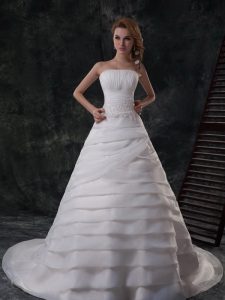 Exceptional Sleeveless Organza With Brush Train Lace Up Bridal Gown in White with Beading and Appliques and Ruffled Laye