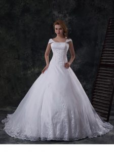 Graceful Off the Shoulder White Ball Gowns Beading and Lace and Embroidery Wedding Gowns Lace Up Organza Cap Sleeves Wit