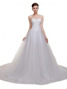 Unique With Train White Wedding Gowns Sweetheart Sleeveless Court Train Lace Up