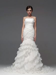 High Class White Mermaid Organza Strapless Sleeveless Ruffled Layers With Train Lace Up Wedding Gowns Brush Train