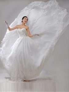 Elegant Sweetheart Sleeveless Organza Wedding Gowns Beading and Lace and Appliques and Ruching Brush Train Lace Up
